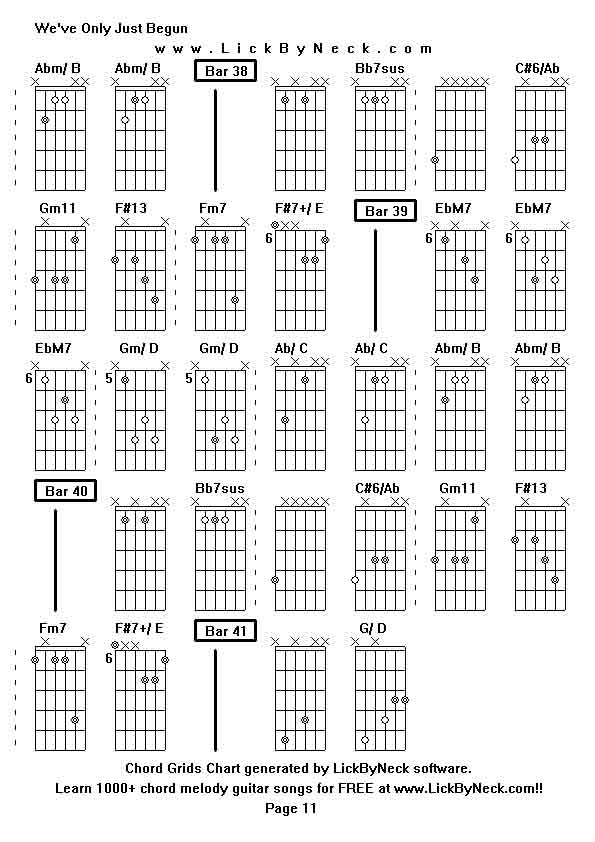 Chord Grids Chart of chord melody fingerstyle guitar song-We've Only Just Begun,generated by LickByNeck software.